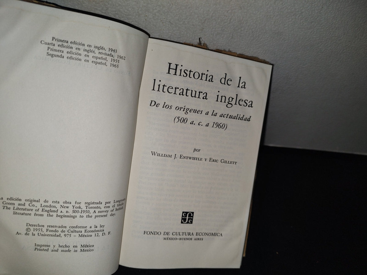 75- Historia De La Literatura Inglesa. De Los Orígenes A La Actualidad - W. J. Entwistle. Breviarios. Fondo De Cultura Económica - 1965