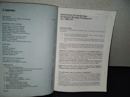 201- University Of Cambridge. Graduate Studies Prospectus 1992-93