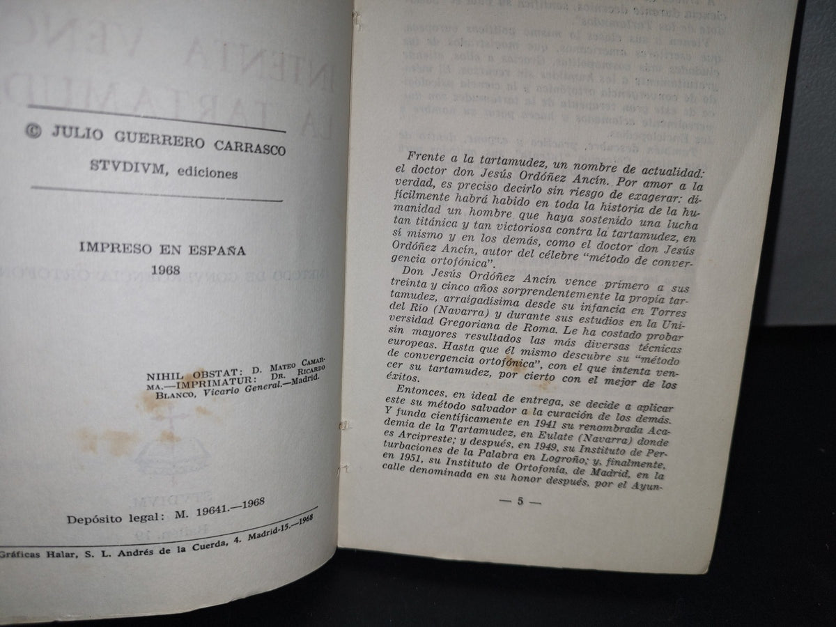 212- Intenta Vencer La Tartamudez - Dr. D. Jesús Ordóñez Ancín - Studium Ediciones - 1968