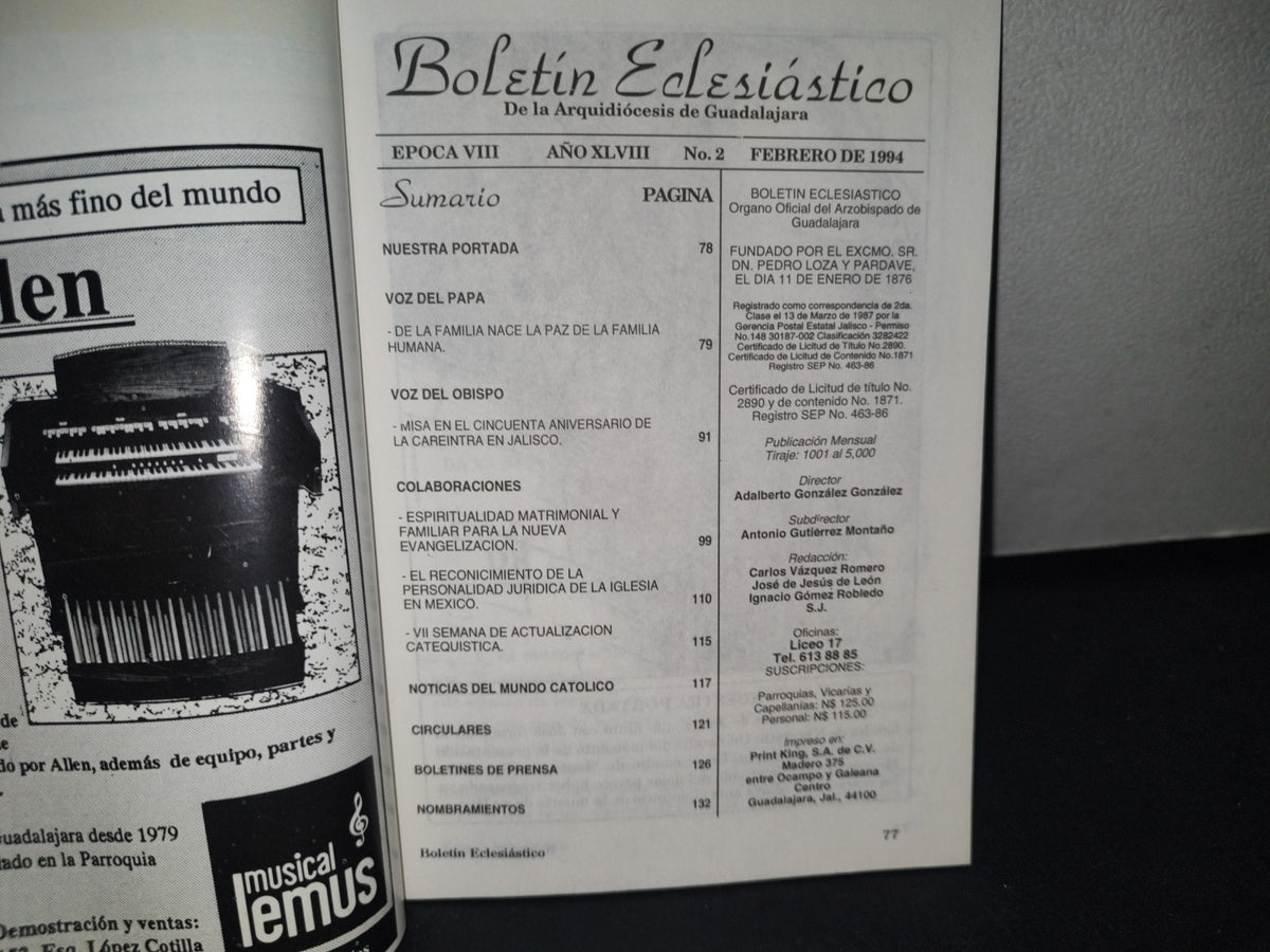 171- Boletín Eclesiástico De La Arquidiócesis De Guadalajara -Época Viii, Febrero 1994