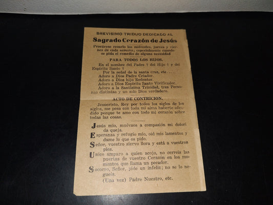 A10C1-2- Antigua Hoja De Oración: Brevísimo Triduo Dedicado Al Sagrado Corazón De Jesús - 1931