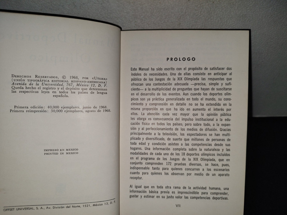 158- México 68. Manual Deportivo Olímpico. Comité Organizador De Los Juegos De La Xix Olimpiada. Uteha - Primera Edición En Español, 1968