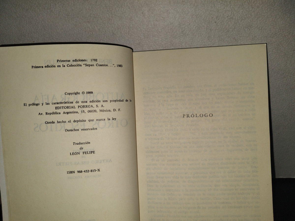 196- Autobiografía Y Otros Escritos - Benjamin Franklin - Porrúa, 1989