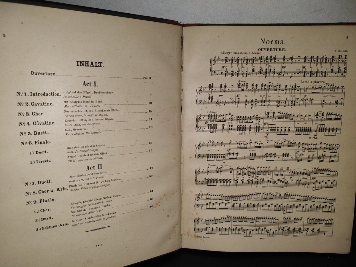 124- Antiguo Libro Alemán De Partituras De Piano. Bellini, Norma - Oper In2 Akten -1850'S