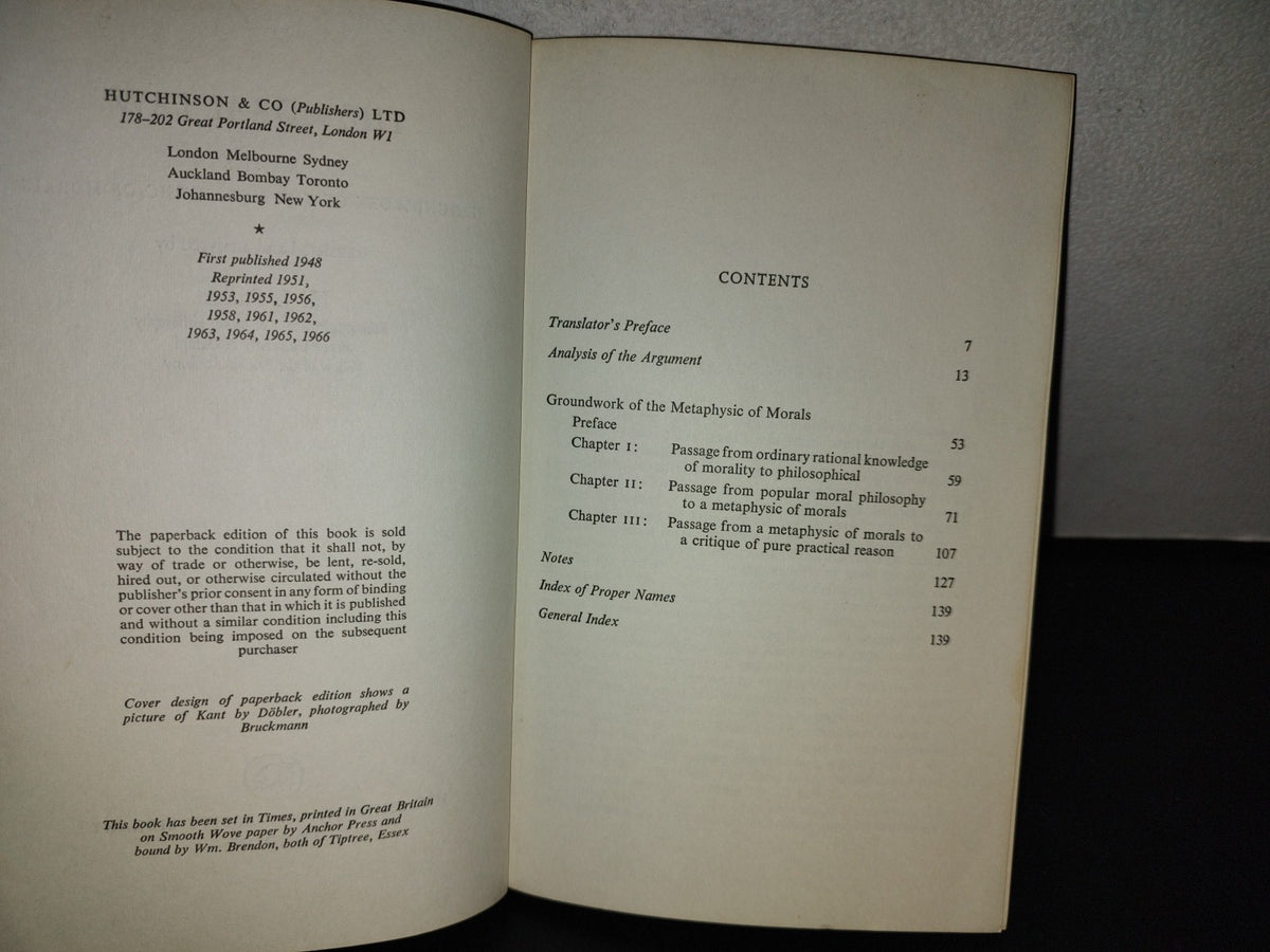 153- The Moral Law. Kant'S Groundwork Of The Metaphysic Of Morals Hutchinson University Library 1966
