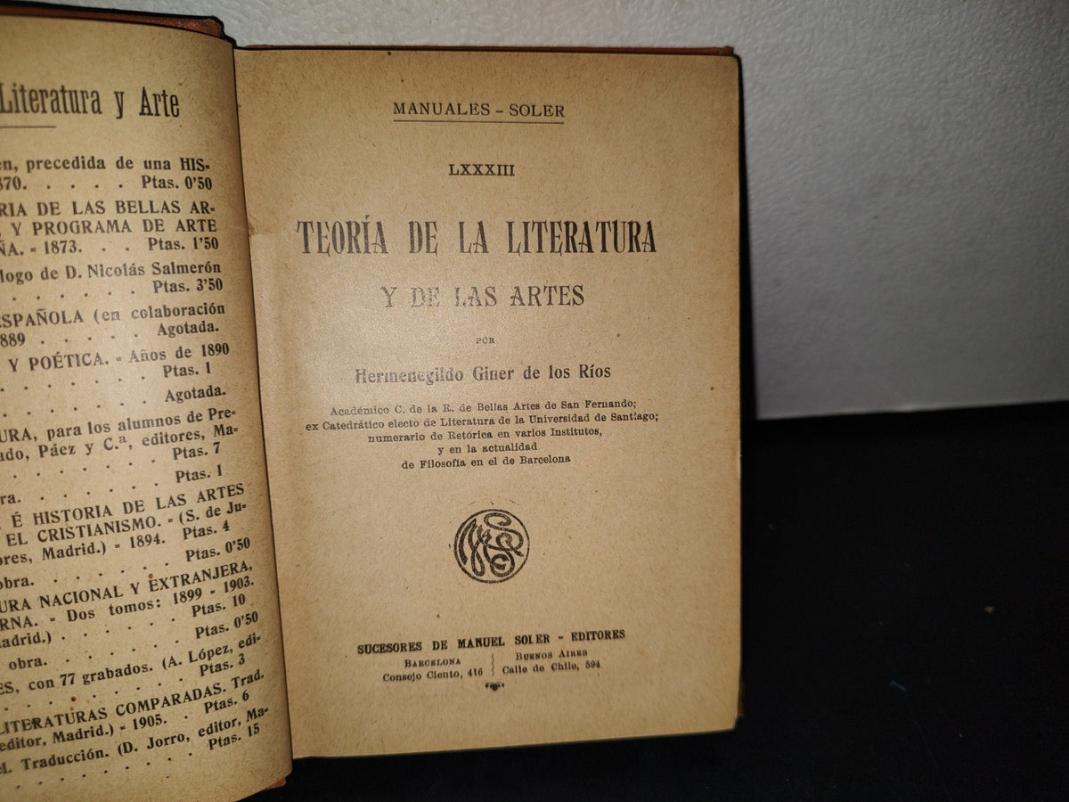 188- Manuales Soler. LXXXIII. Teoría De La Literatura Y De Las Artes. Hermenegildo Giner - 1900'S