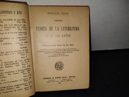 188- Manuales Soler. LXXXIII. Teoría De La Literatura Y De Las Artes. Hermenegildo Giner - 1900'S