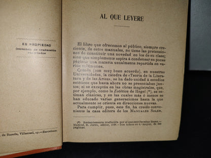 188- Manuales Soler. LXXXIII. Teoría De La Literatura Y De Las Artes. Hermenegildo Giner - 1900'S