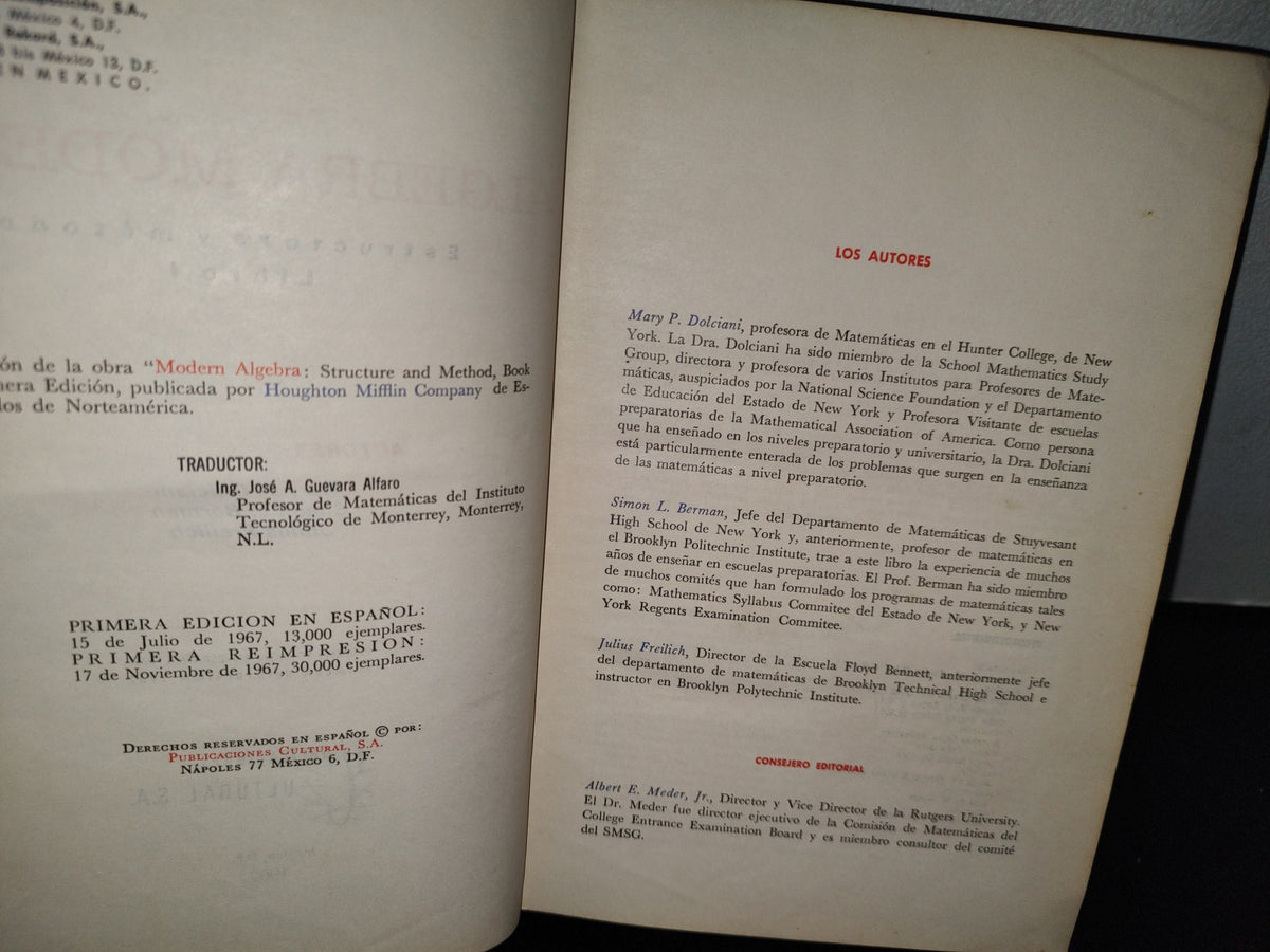 54- Álgebra Moderna. Estructura Y Método Libro I - Dolciani, Berman, Freilich - Publicaciones Cultural, S. A., 1967