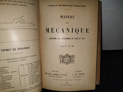 59- Francés. Manual De Mecánica / Manuel De Mécanique Par F. G. M. - 1916