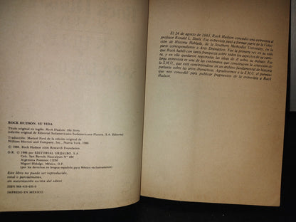 215- Rock Hudson. Su Vida - Rock Hudson Y Sara Davidson - Editorial Grijalbo, 1986