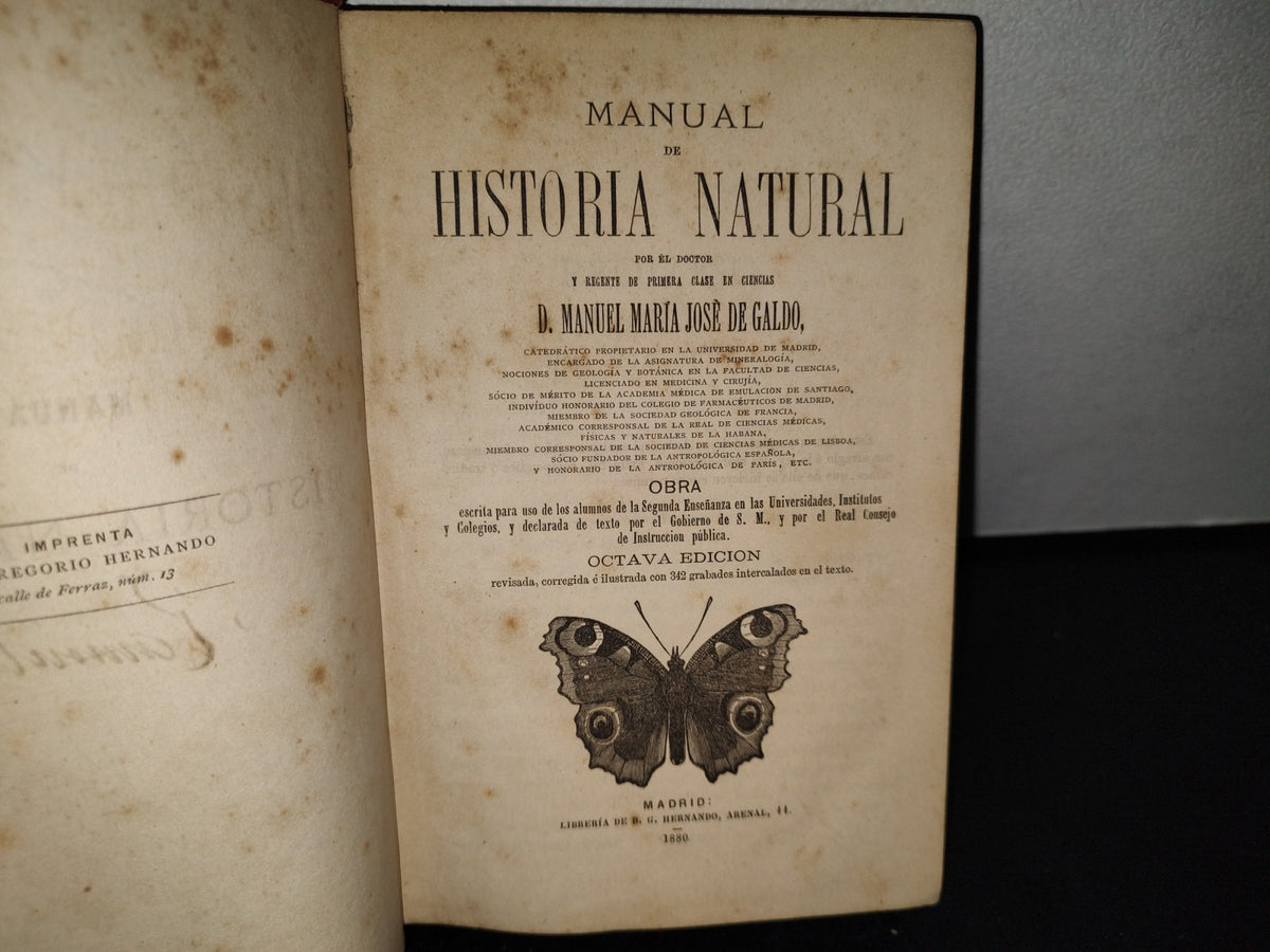 63- Manual De Historia Natural - Manuel María José De Galdo. Madrid: Librería De D. G. Hernando 1880