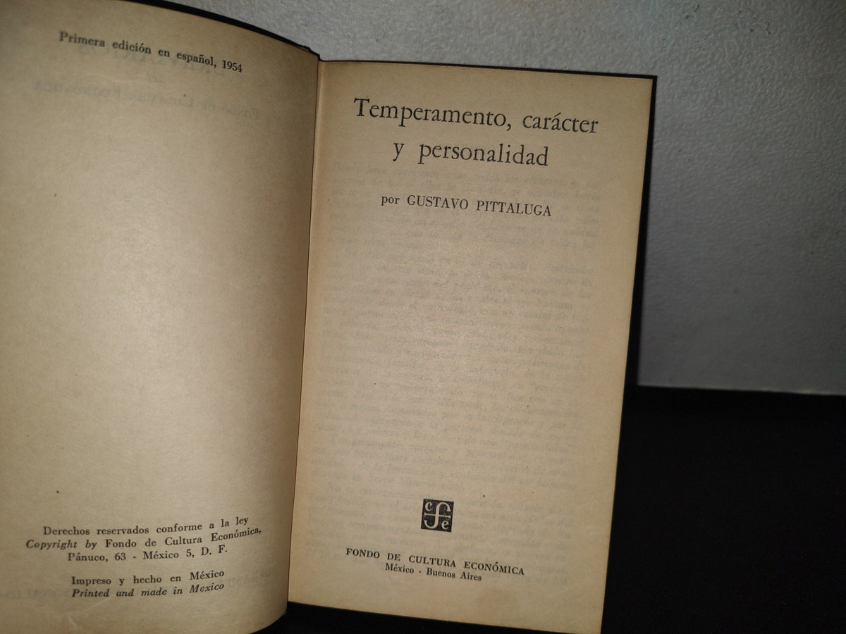92- Temperamento, Carácter Y Personalidad - Gustavo Pittaluga - Fondo De Cultura Económica, Breviarios, Primera Edición 1954