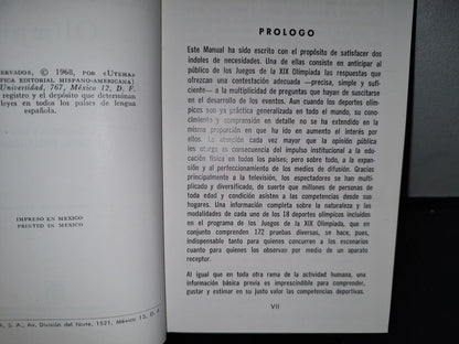 65- México 68. Manual Deportivo Olímpico. Primera Edición En Español - 1968