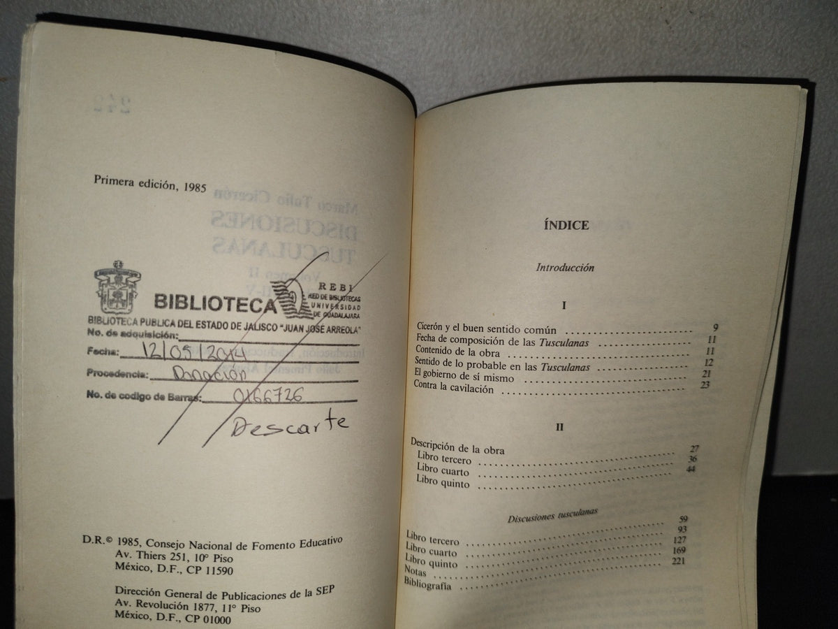 89- Discusiones Tusculanas - Marco Tulio Cicerón - Sep - Primera Edición 1985