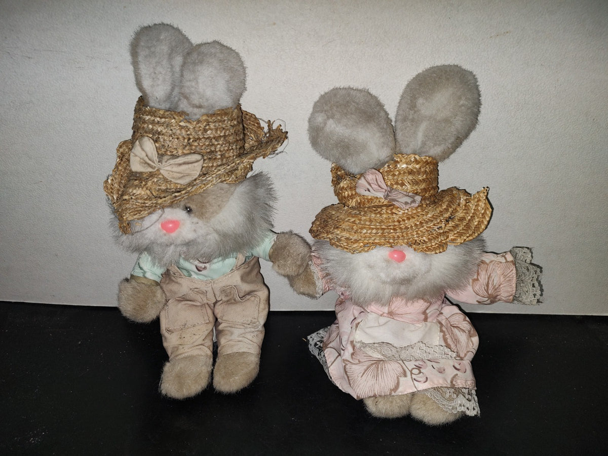 A1- Par De Conejos Granjeros Vintage De Peluche - 80'S