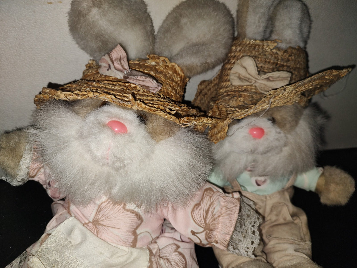 A1- Par De Conejos Granjeros Vintage De Peluche - 80'S
