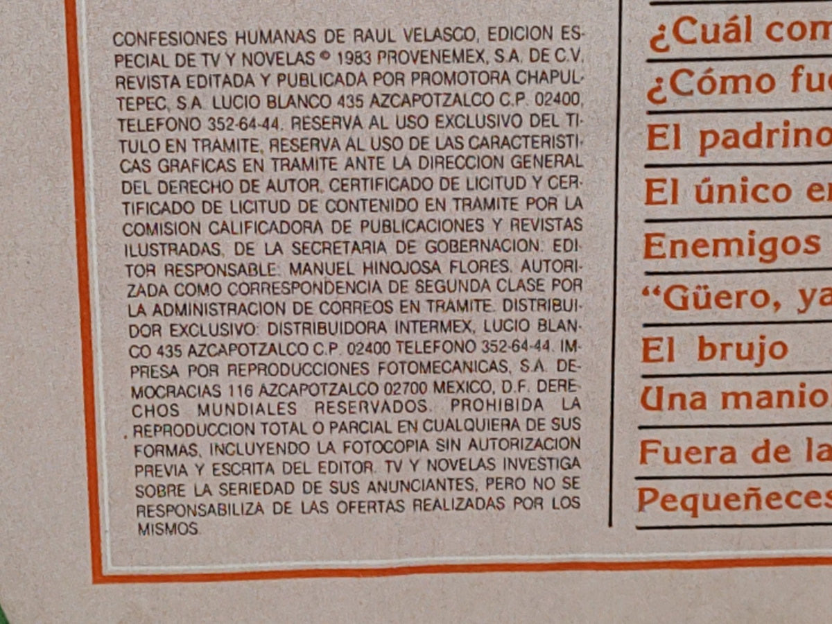 196- Confesiones Humanas De Raúl Velasco. Edición Especial De TvyNovelas - 1983
