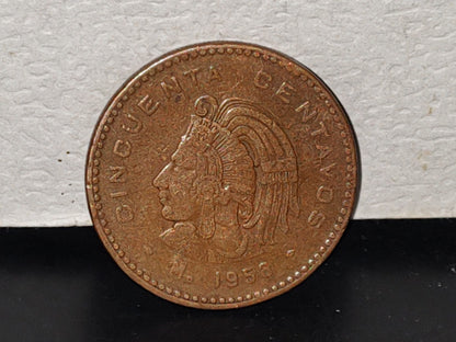 A6- Moneda Mexicana De Cobre, Cuauhtémoc: Cincuenta Centavos Mo 1956